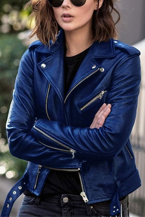 Vintage Faux Leather Jacket with Lapels and Zipper