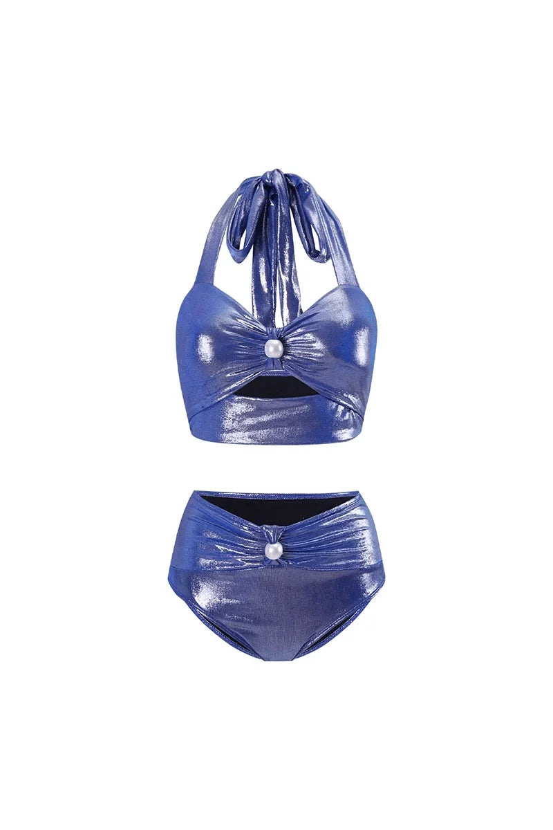 Modern Glossy Mist Deep V Halter Pearl Swimsuit