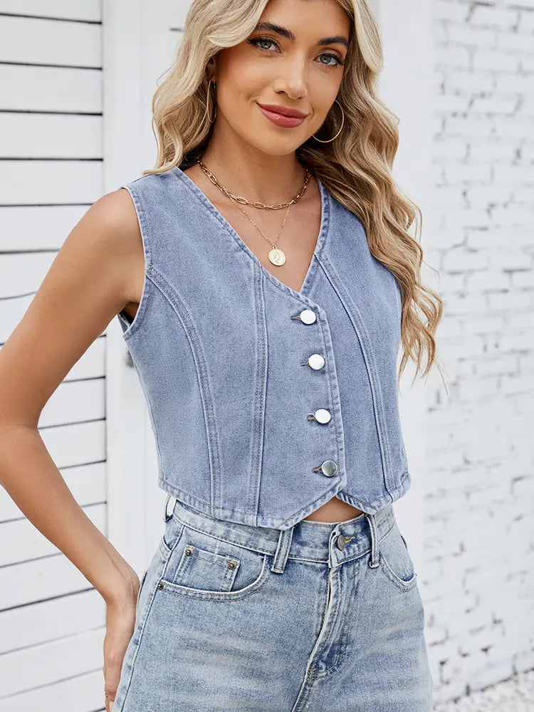 Cropped Denim Vest in a Washed Look with V-Neck
