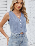 Cropped Denim Vest in a Washed Look with V-Neck