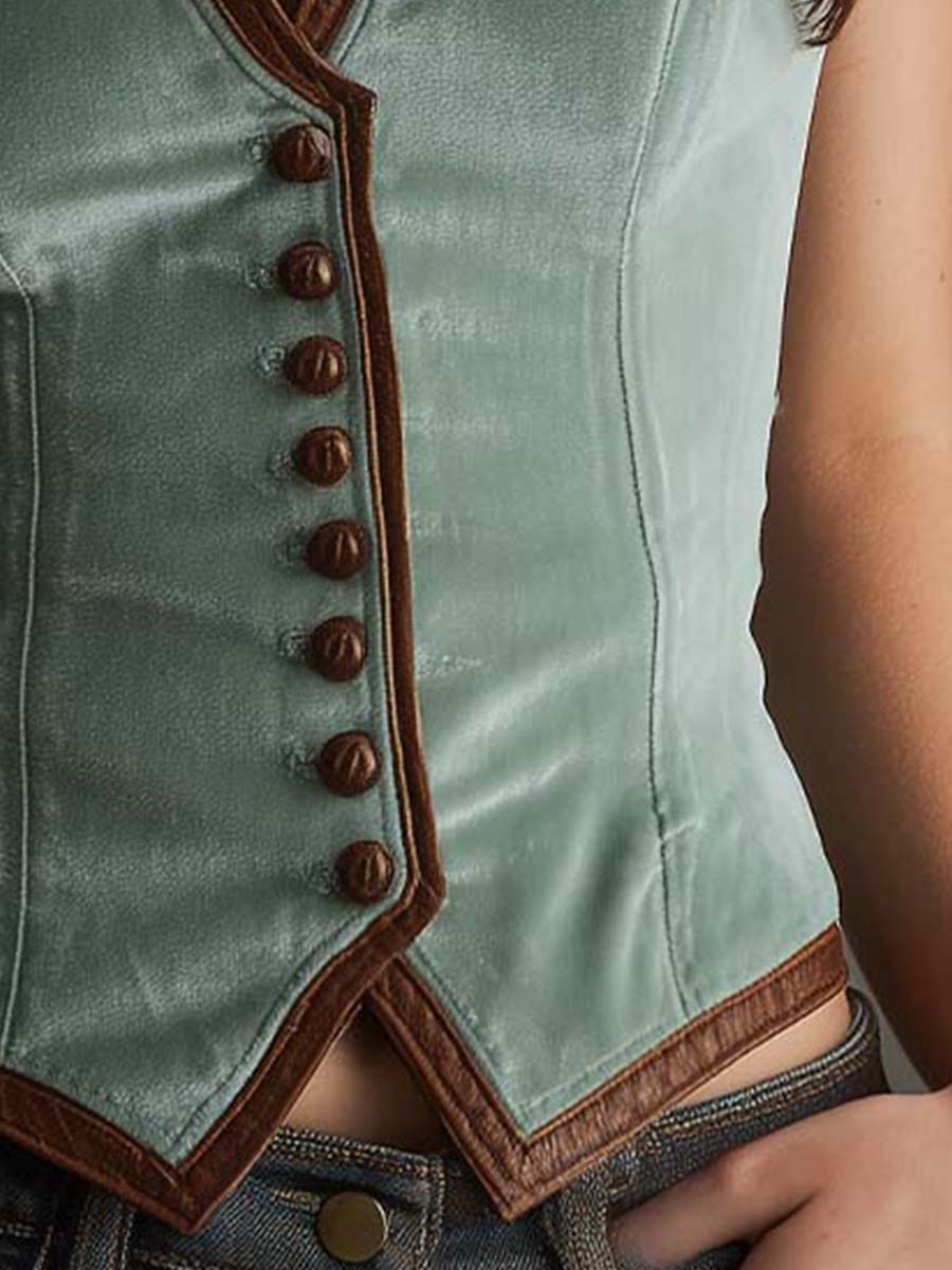 Modern Sage Polyester velvet And Contrast Leather Trim Slim Fit Vest