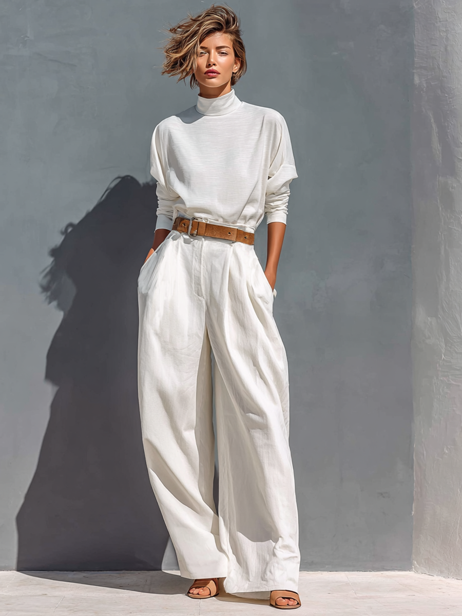 Coordinated All White Half High Neck Long Sleeve Loose T-shirt Wide Legs Two-Piece Set (Belt Not Included)