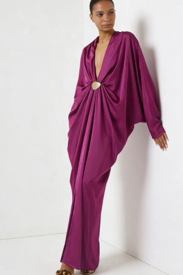 Magenta Satin Neck Maxi-Length Dress in Satin