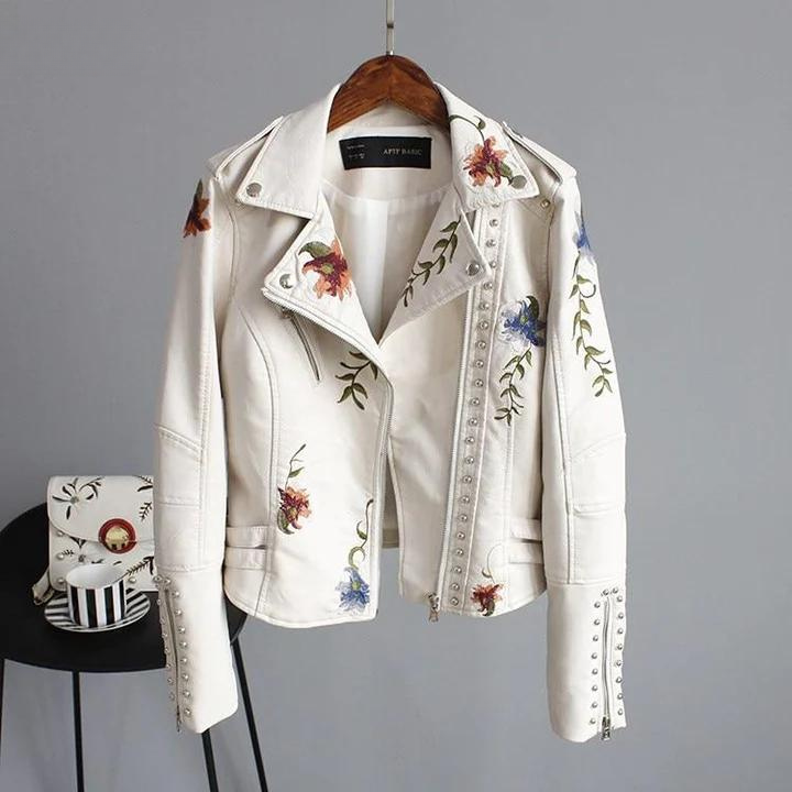 Leather Jacket with Floral Embroidery