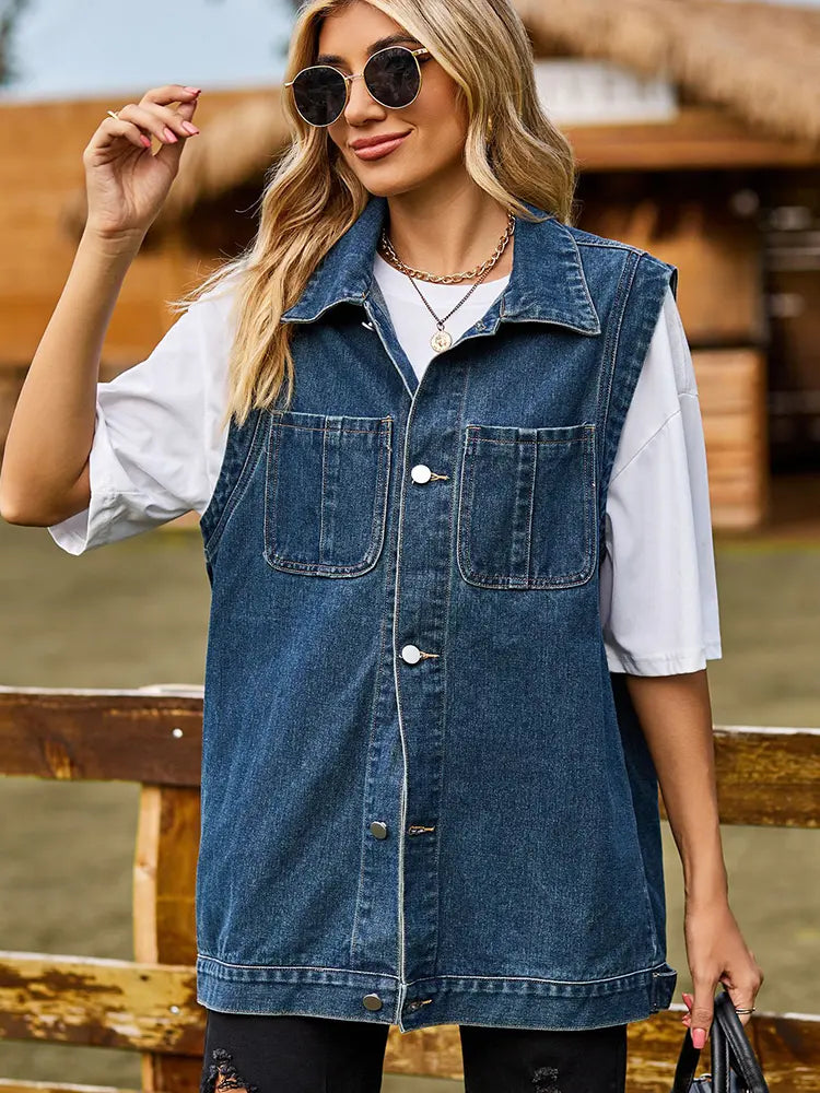 Denim Vest with Button Closure, Pockets and Relaxed Fit