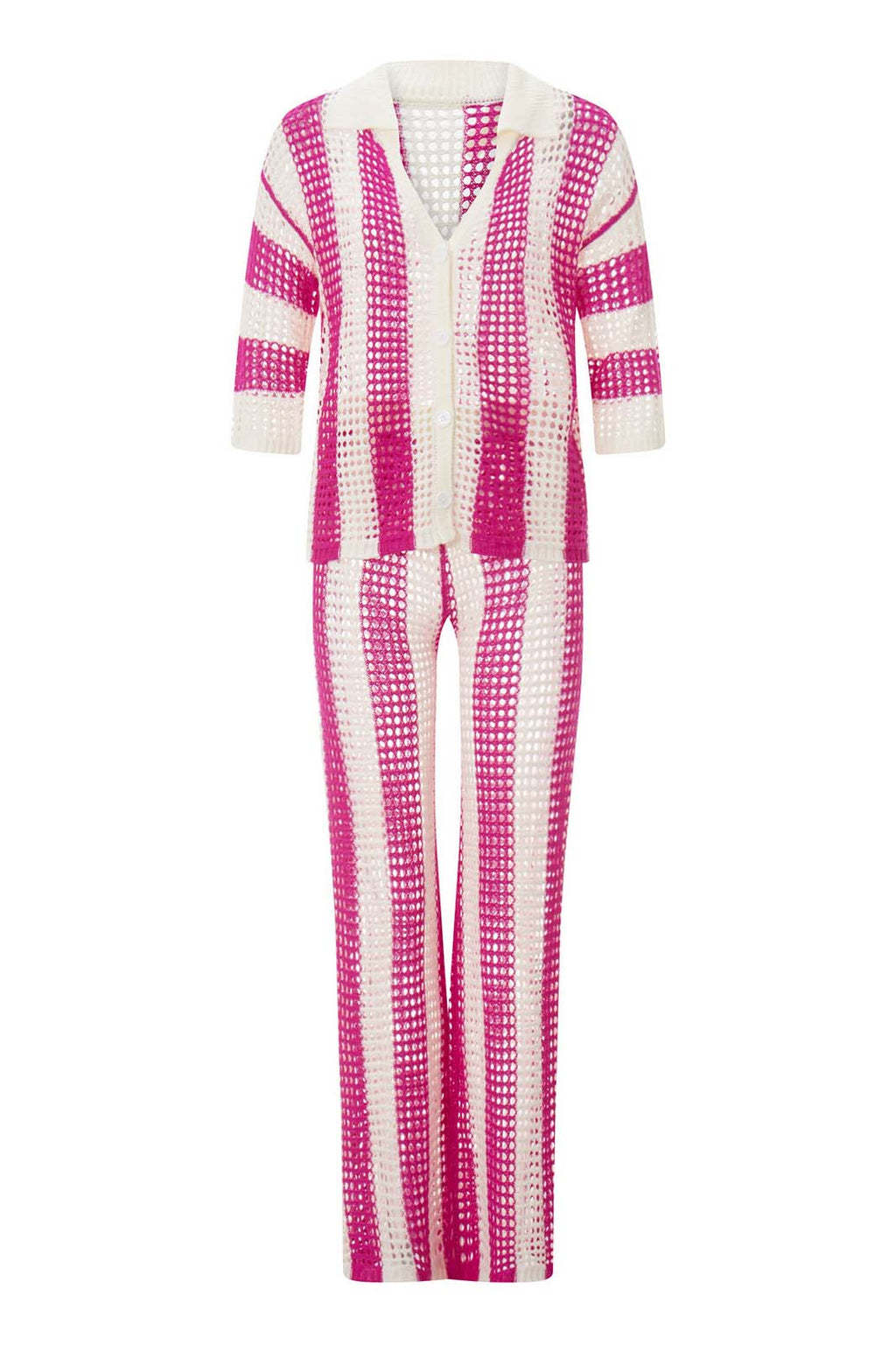 Coordinated Hollow Striped Shirt Knit Set