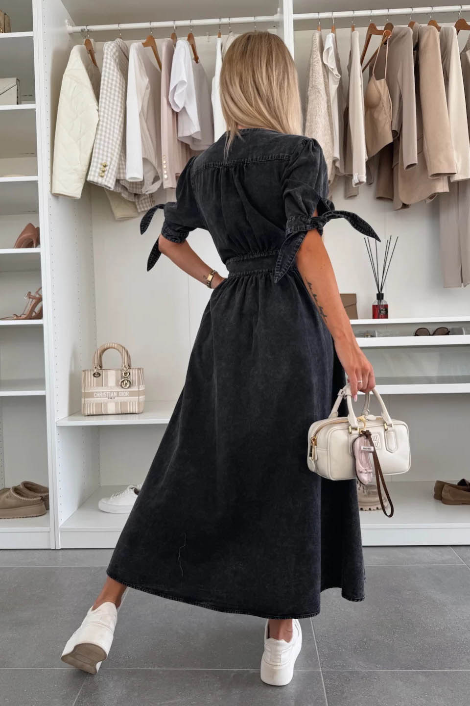 Clean-Lined V-Neck Buttoned Denim Gown