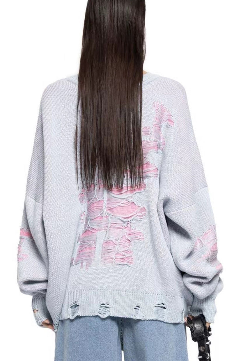 Colorblock Ripped Relaxed Knit Sweater