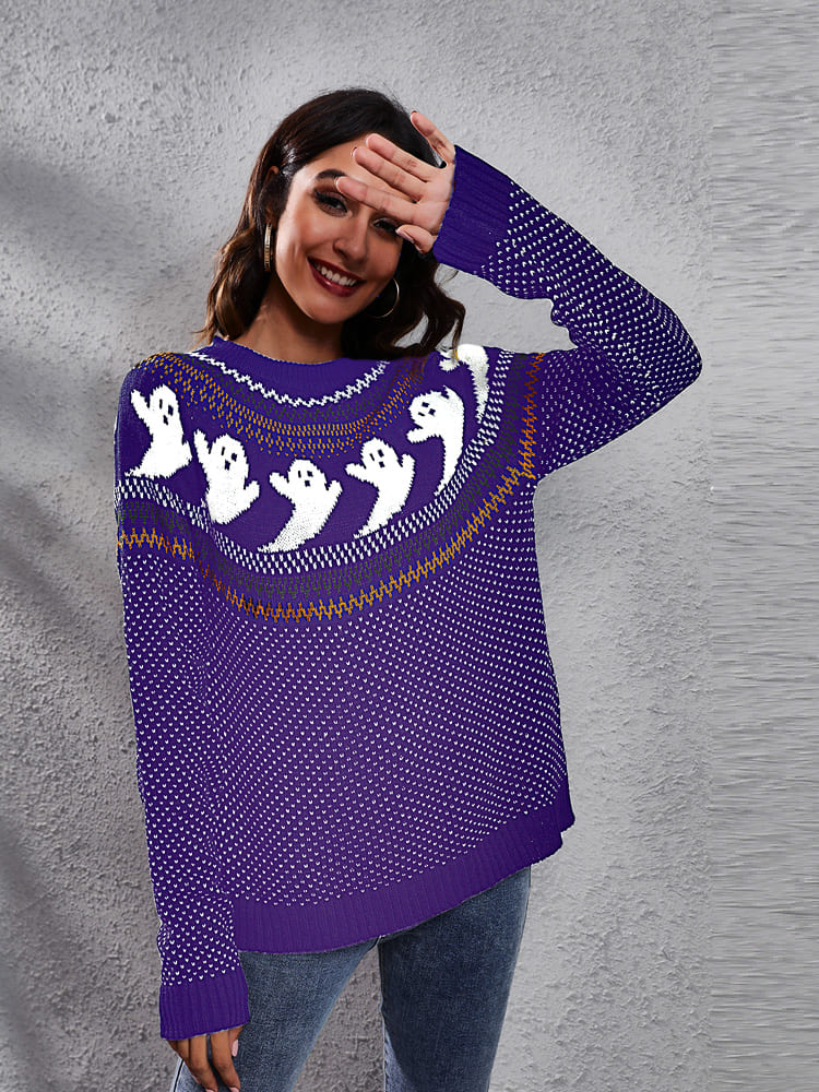 Literary Retro Ghost Pattern Crew Neck Knitted Knit Sweater