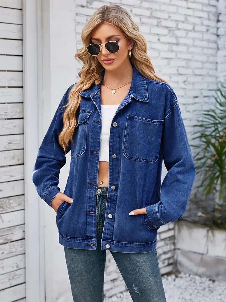 Washed Denim Jacket with Button Closure, Pockets and Relaxed Fit