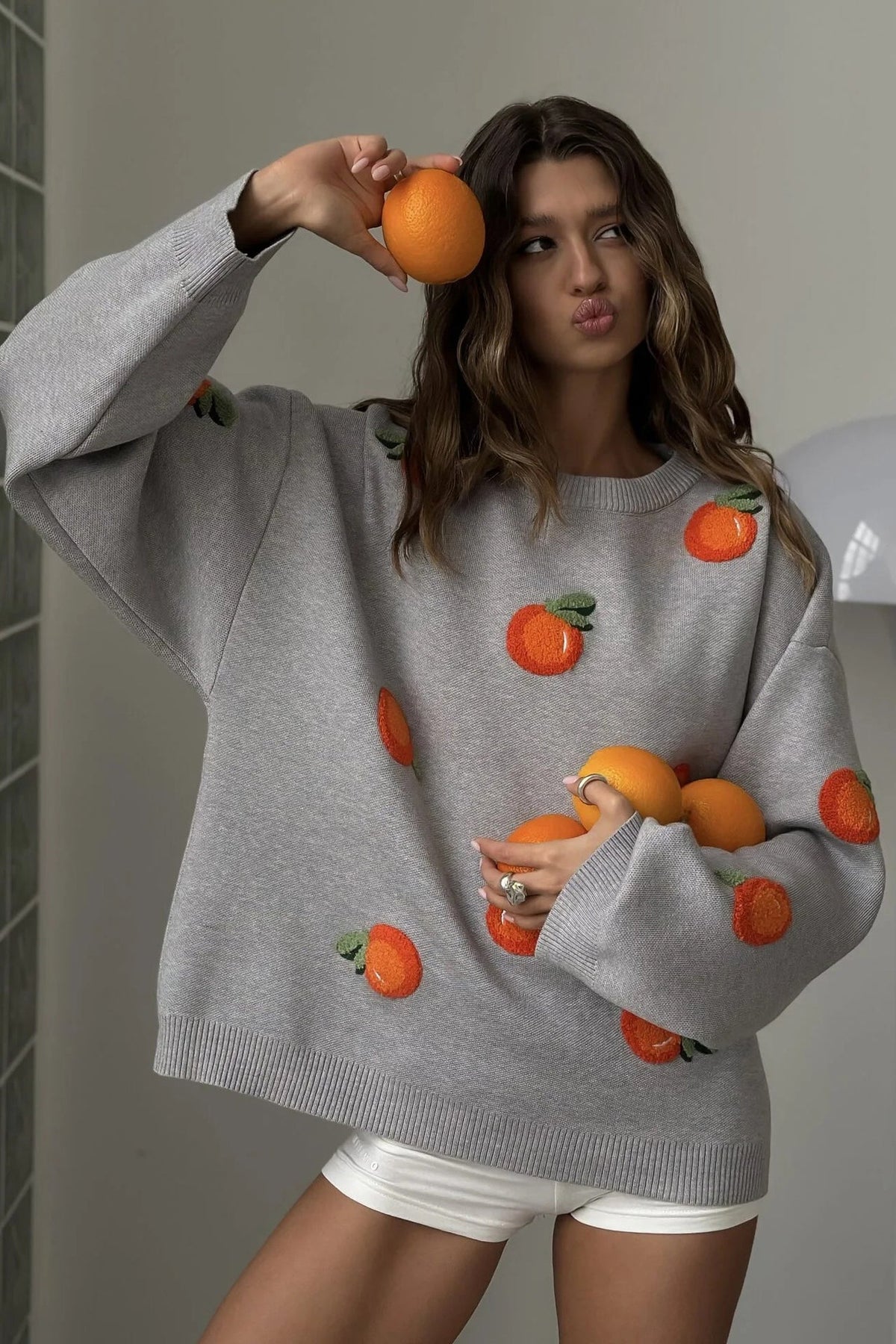 Modern Girls' Orange Flocked Knit Sweater