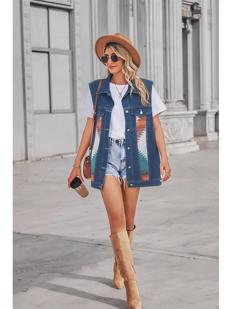 Denim Vest with Patchwork, Geometric Pattern and Button Closure
