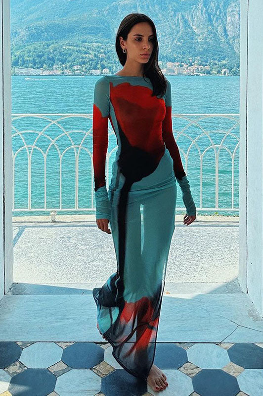 Abstract Print Sheer Maxi-Length Dress