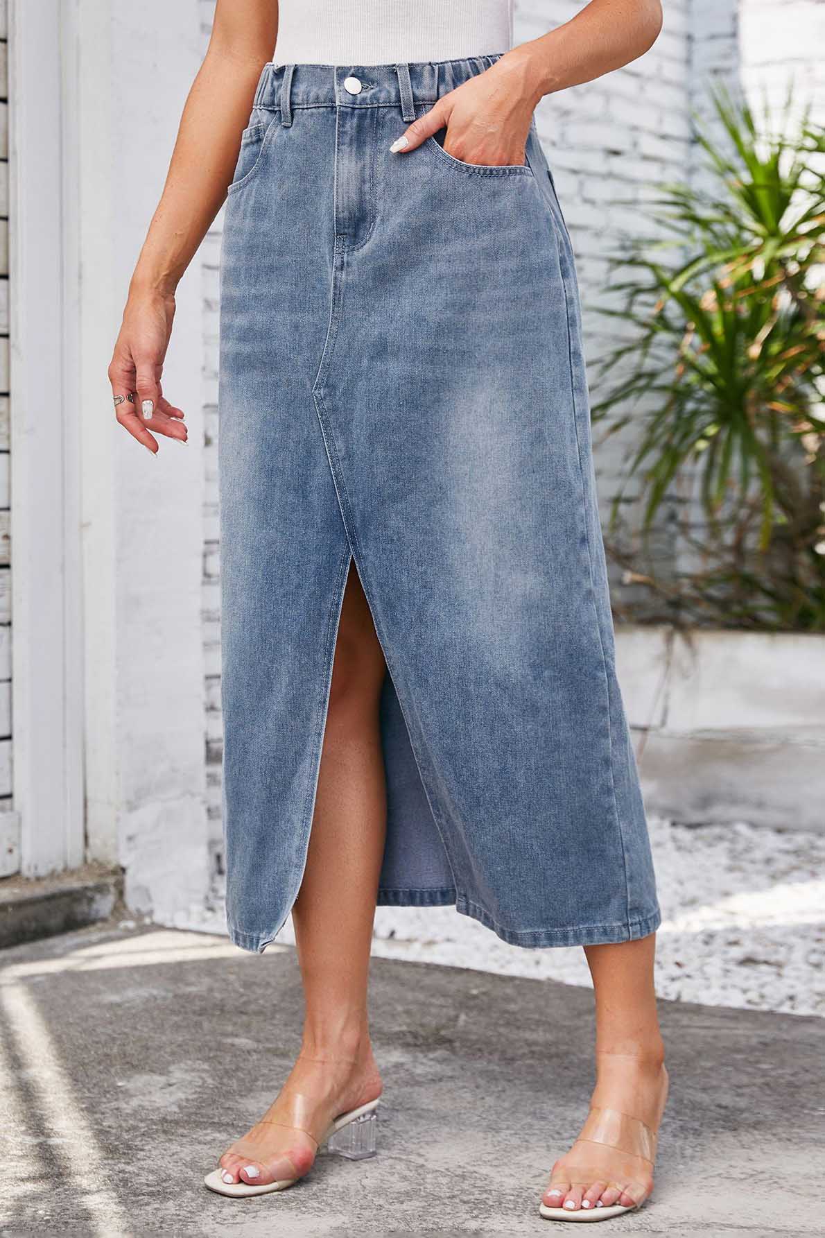 Modern Washed Elastic Waist Denim Midi Skirt