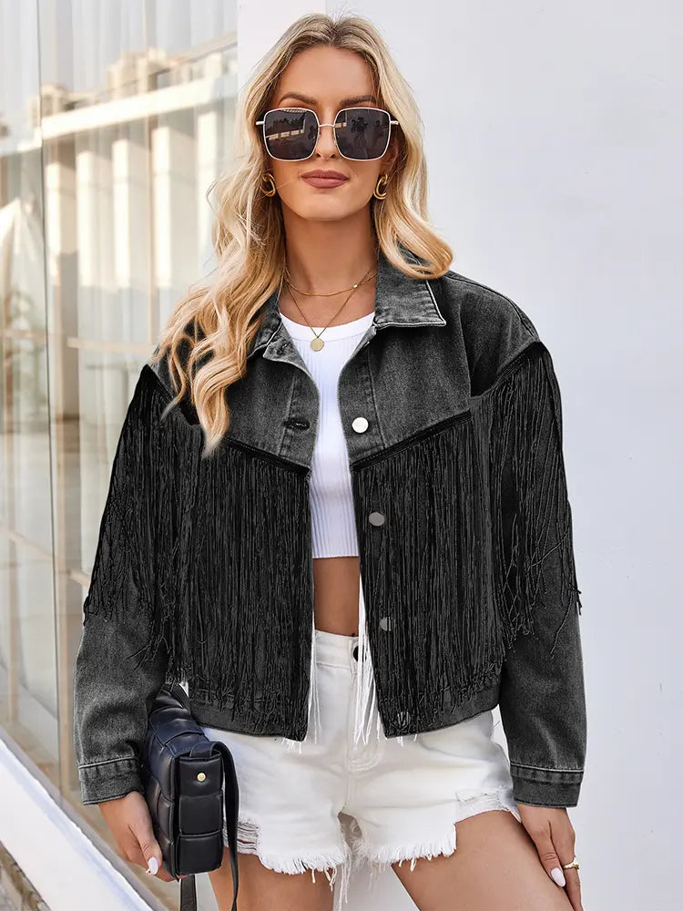 Washed Denim Jacket with Fringe and Long Sleeves
