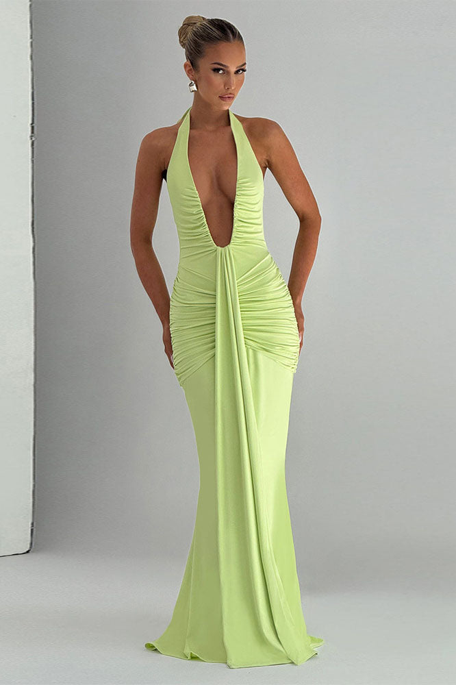 Halter Deep V Mermaid Maxi-Length Dress