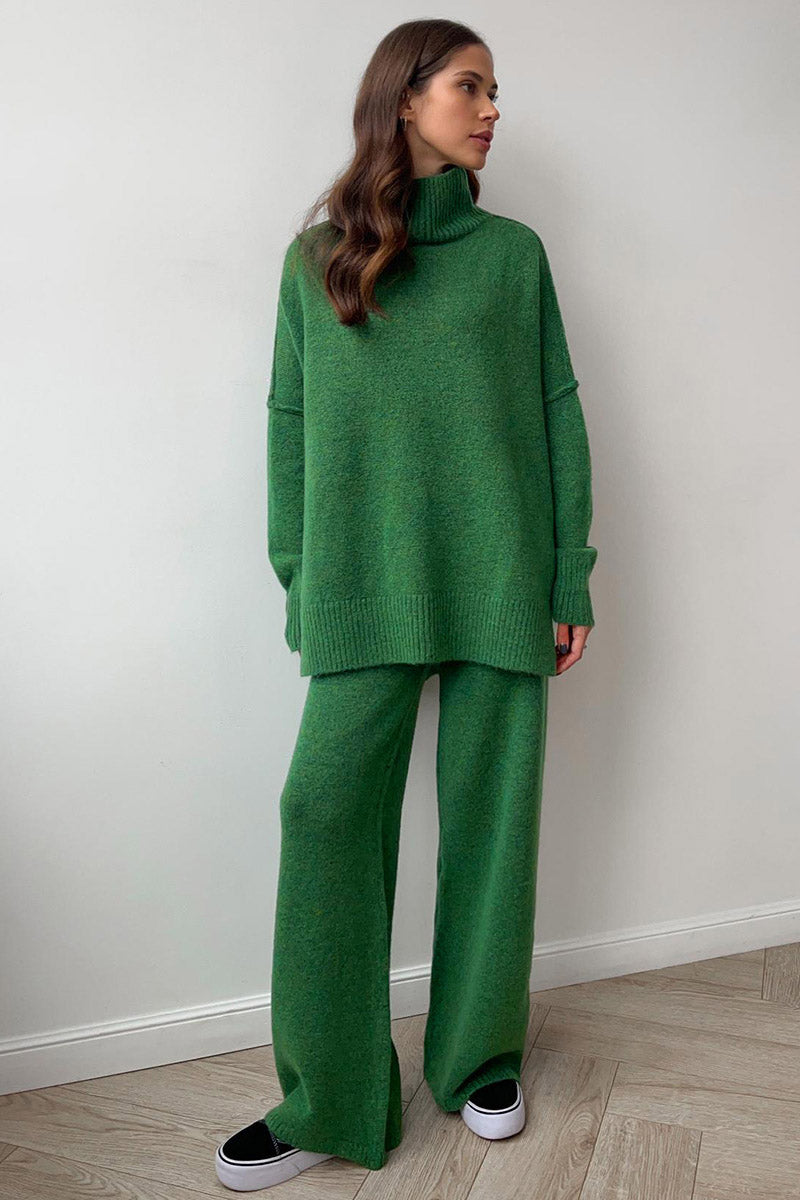 Turtleneck Split Knit Sweater Loose Knit Trousers Set