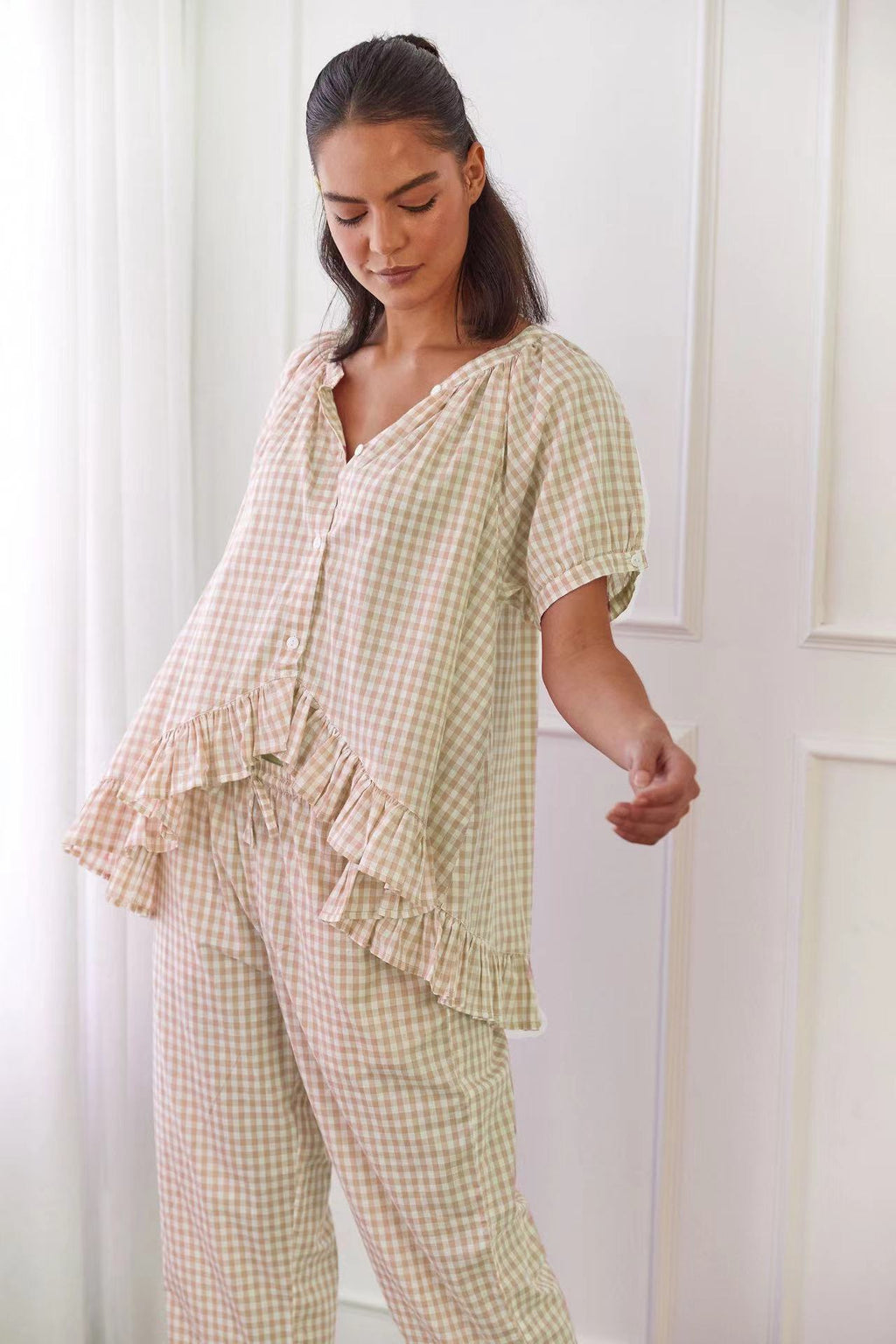 Relaxed Ruffled Plaid Print Shirt Pajama Set