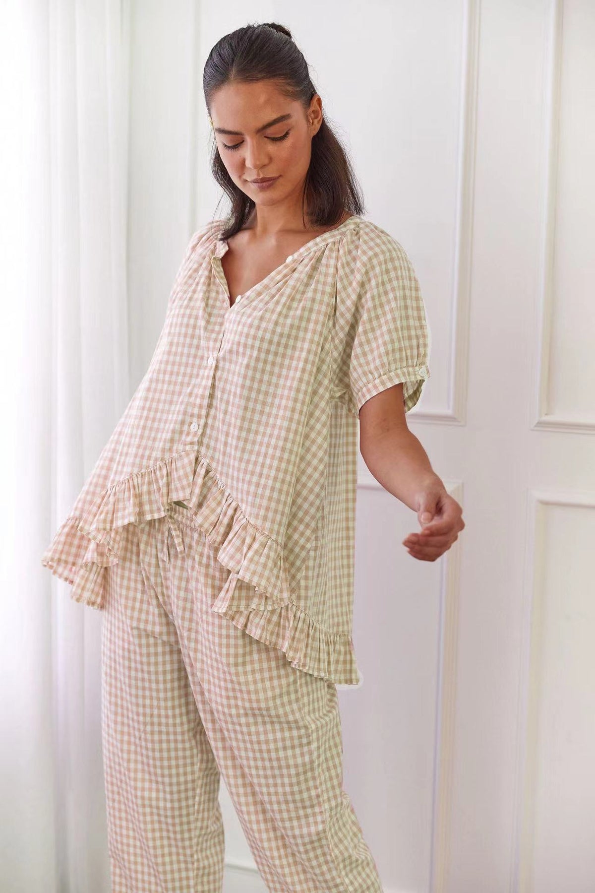 Relaxed Ruffled Plaid Print Shirt Pajama Set
