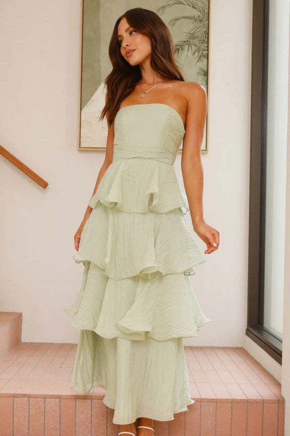 Sexy Stylish Strapless Open-Back Tiered Midi-Length Dress