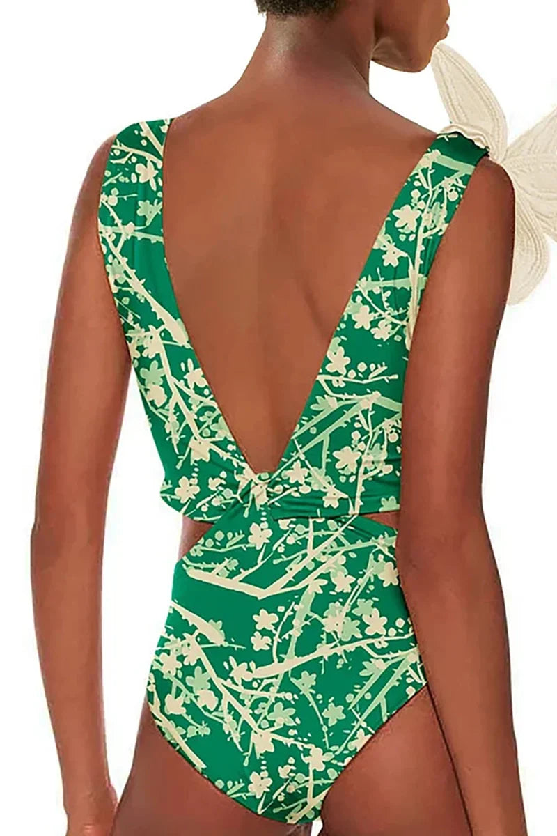 Flower Applique Green Patterned One-Piece Swimwear