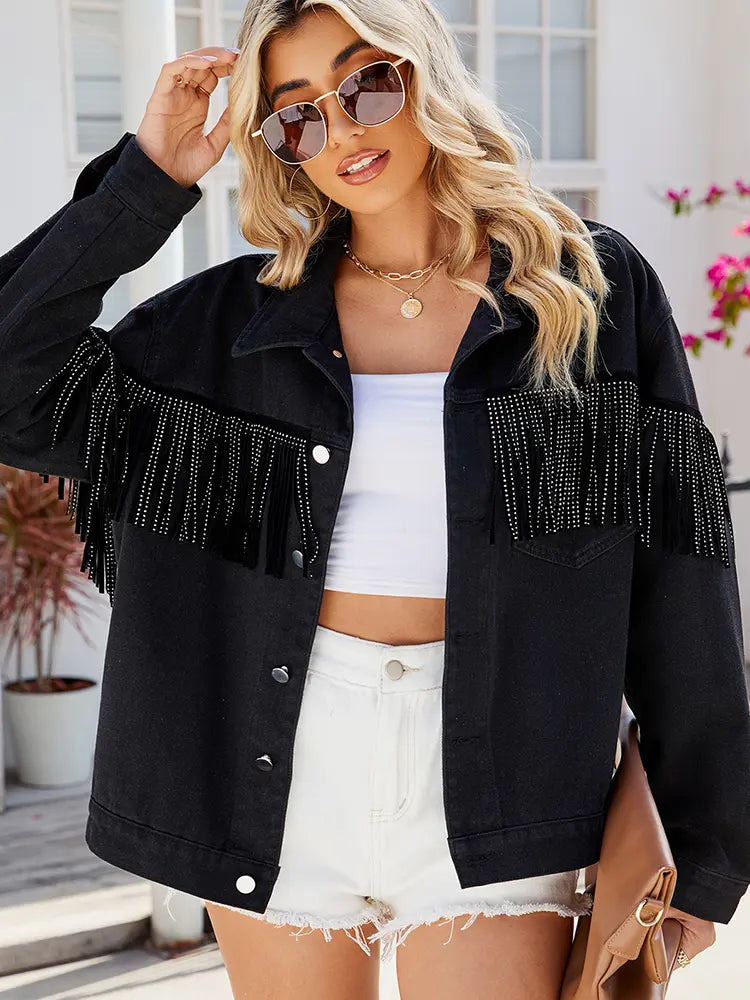 Denim Jacket with Studs, Fringe and Button Closure