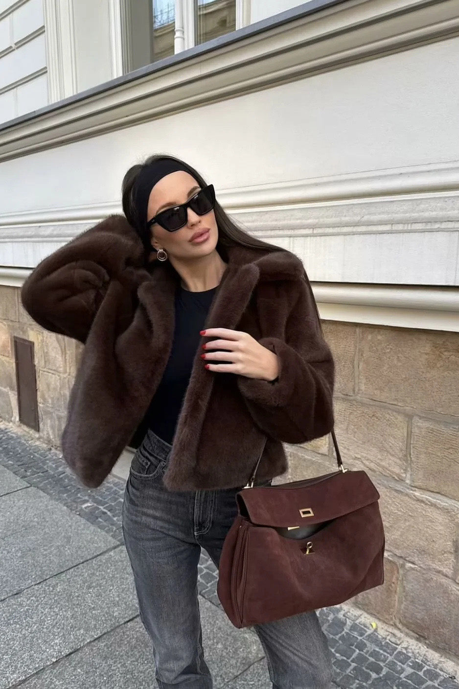 Modern Cocoa Tone Plush Lapel Jacket