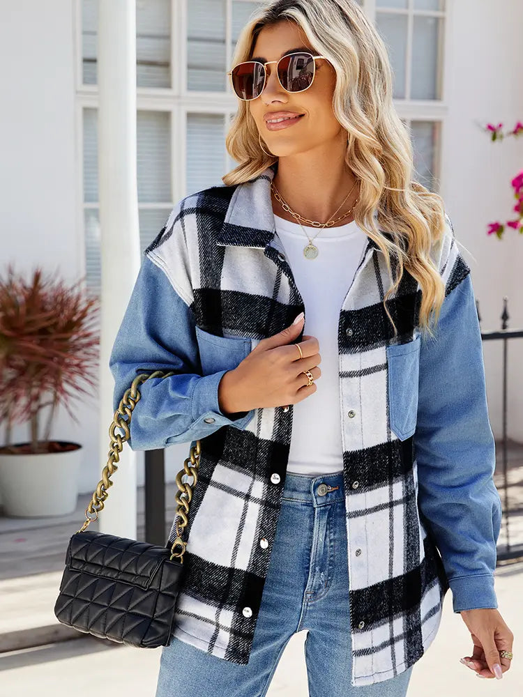 Oversized Washed Denim Jacket with Plaid