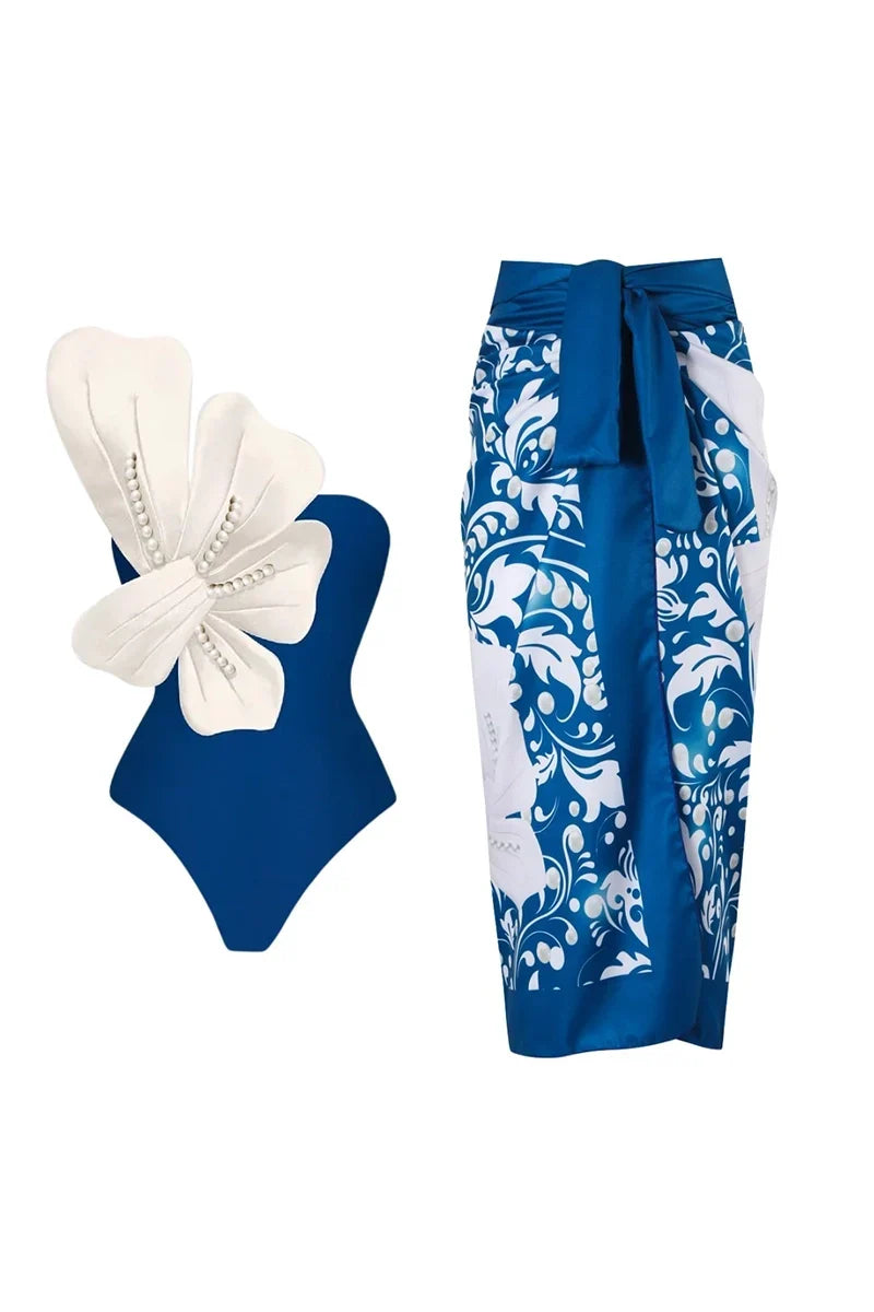 Blue Swimwear Set Pearl Flower Accents