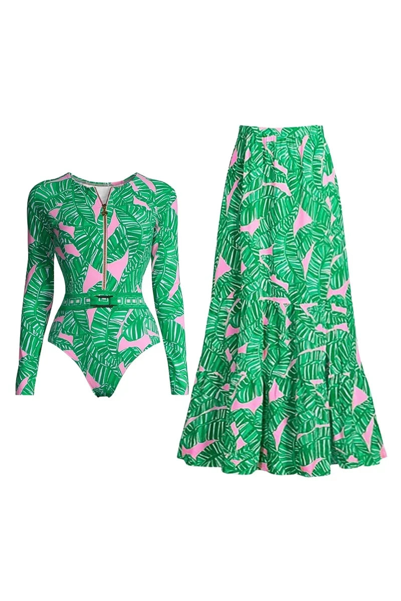 Green Zip-Front Flower Surf Set
