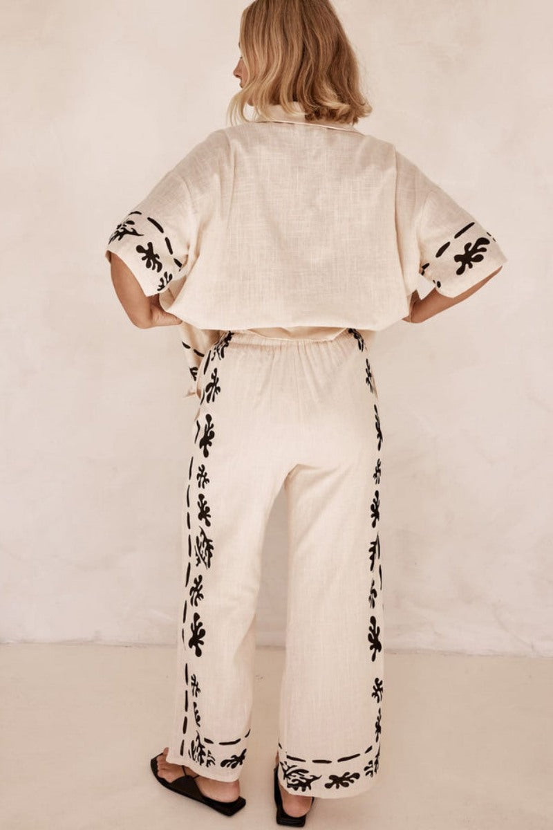 Black Patterned Cream Wide-Leg Trousers-Set