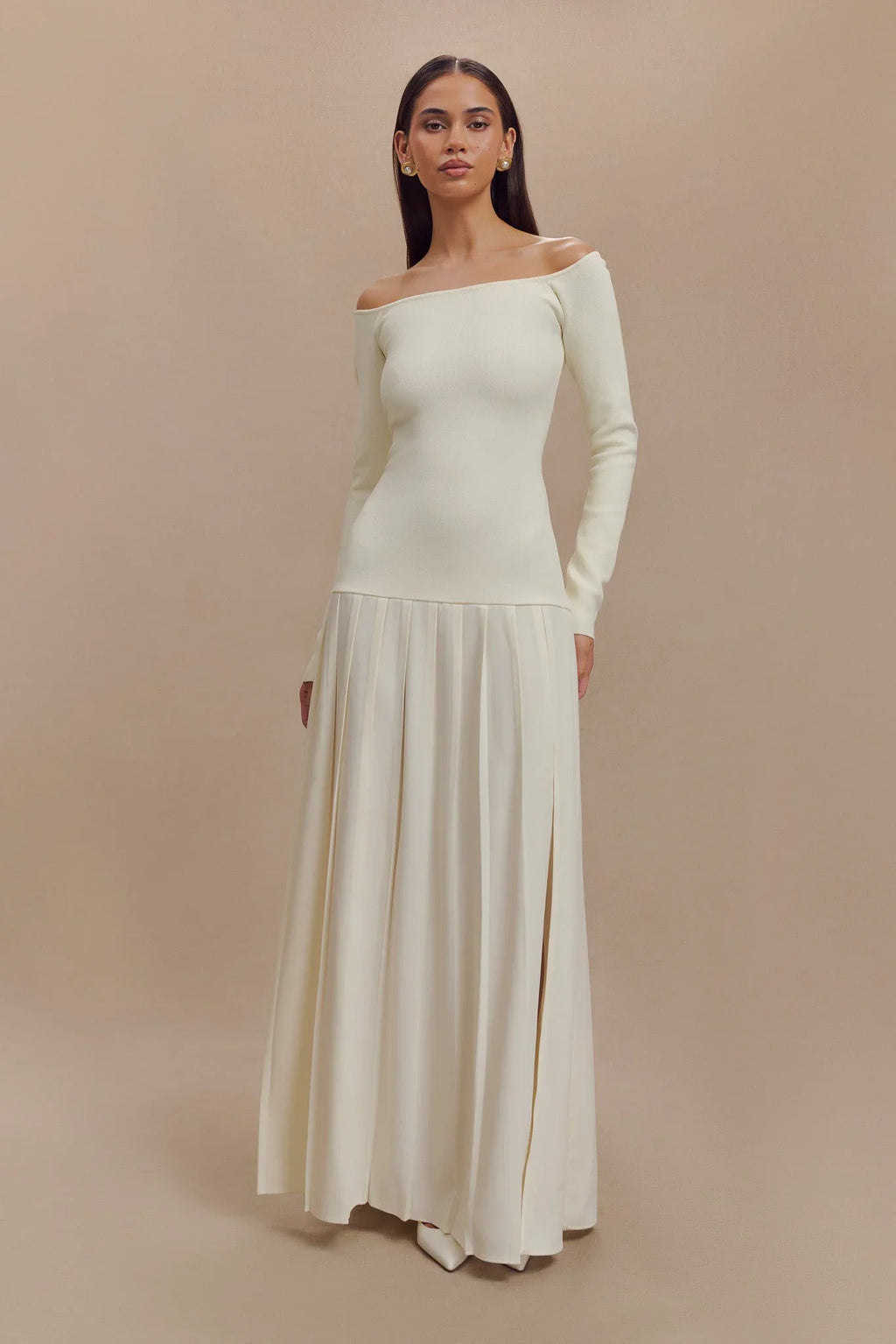 Knit Off-Shoulder Maxi-Length Dress - Ivory