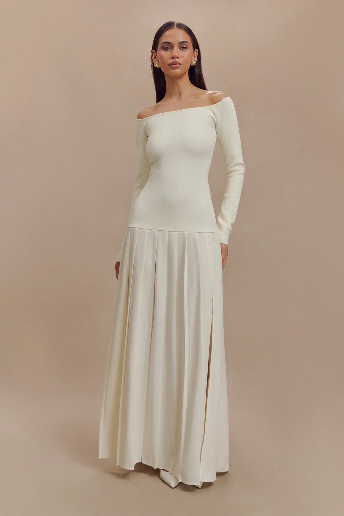 Knit Off-Shoulder Maxi-Length Dress - Ivory