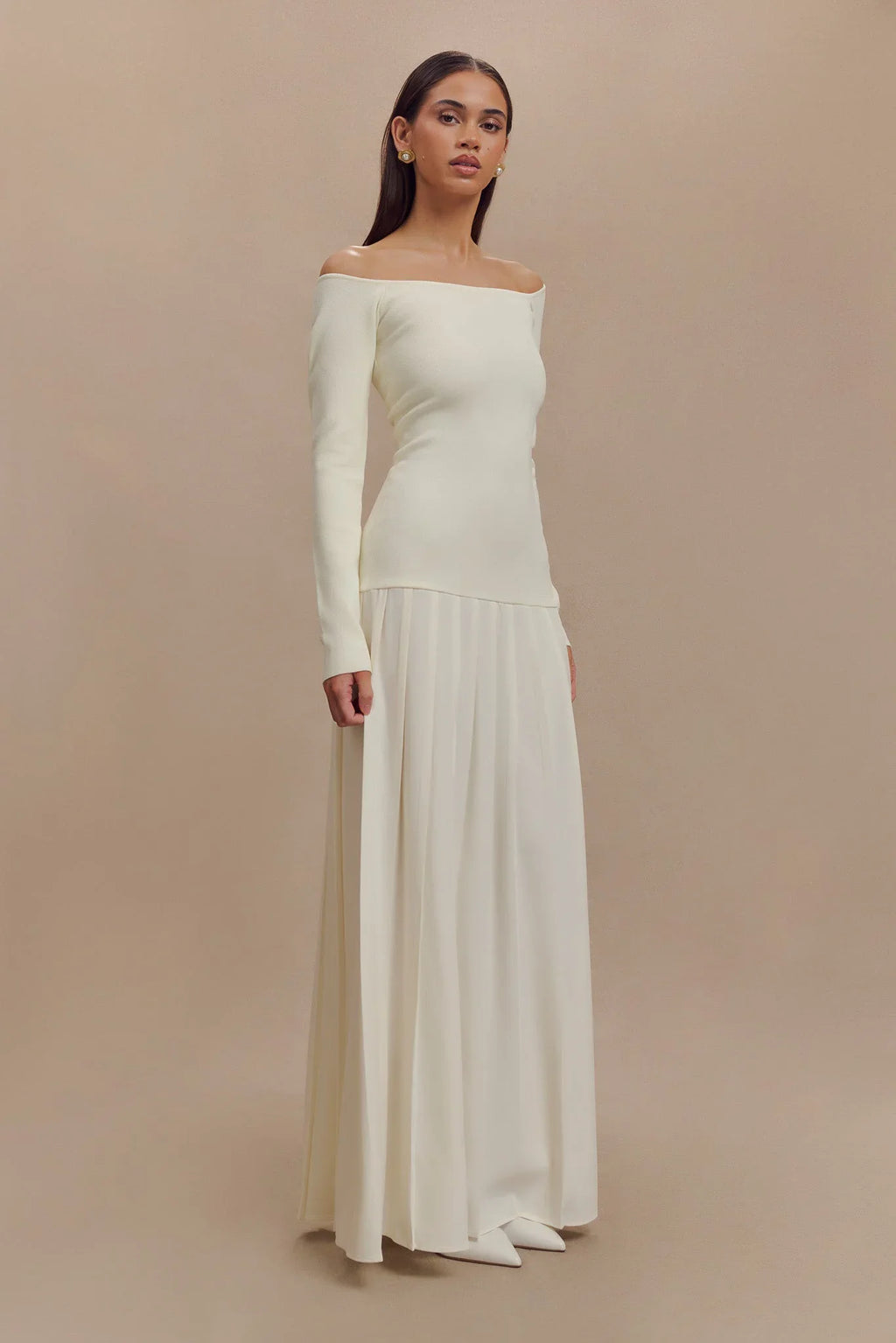 Knit Off-Shoulder Maxi-Length Dress - Ivory