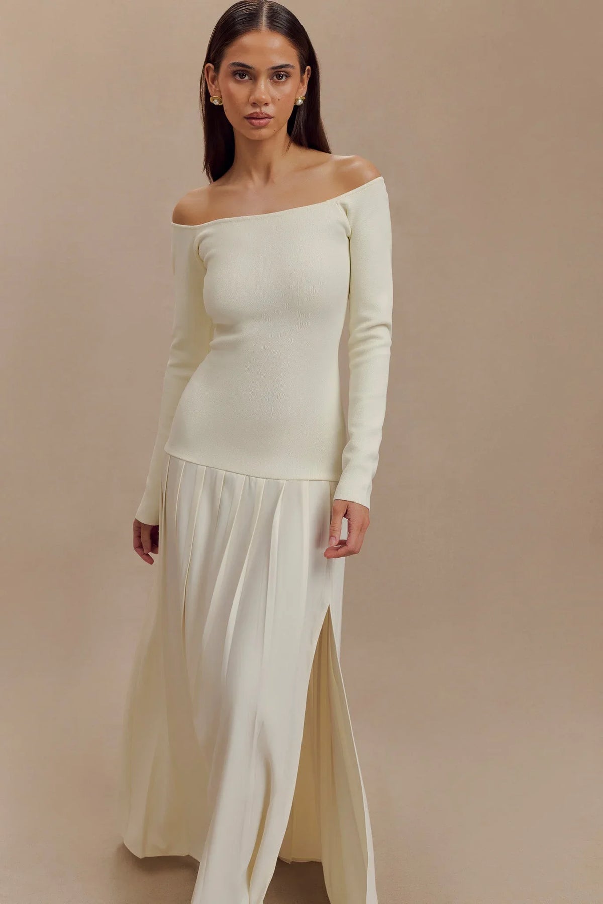 Knit Off-Shoulder Maxi-Length Dress - Ivory