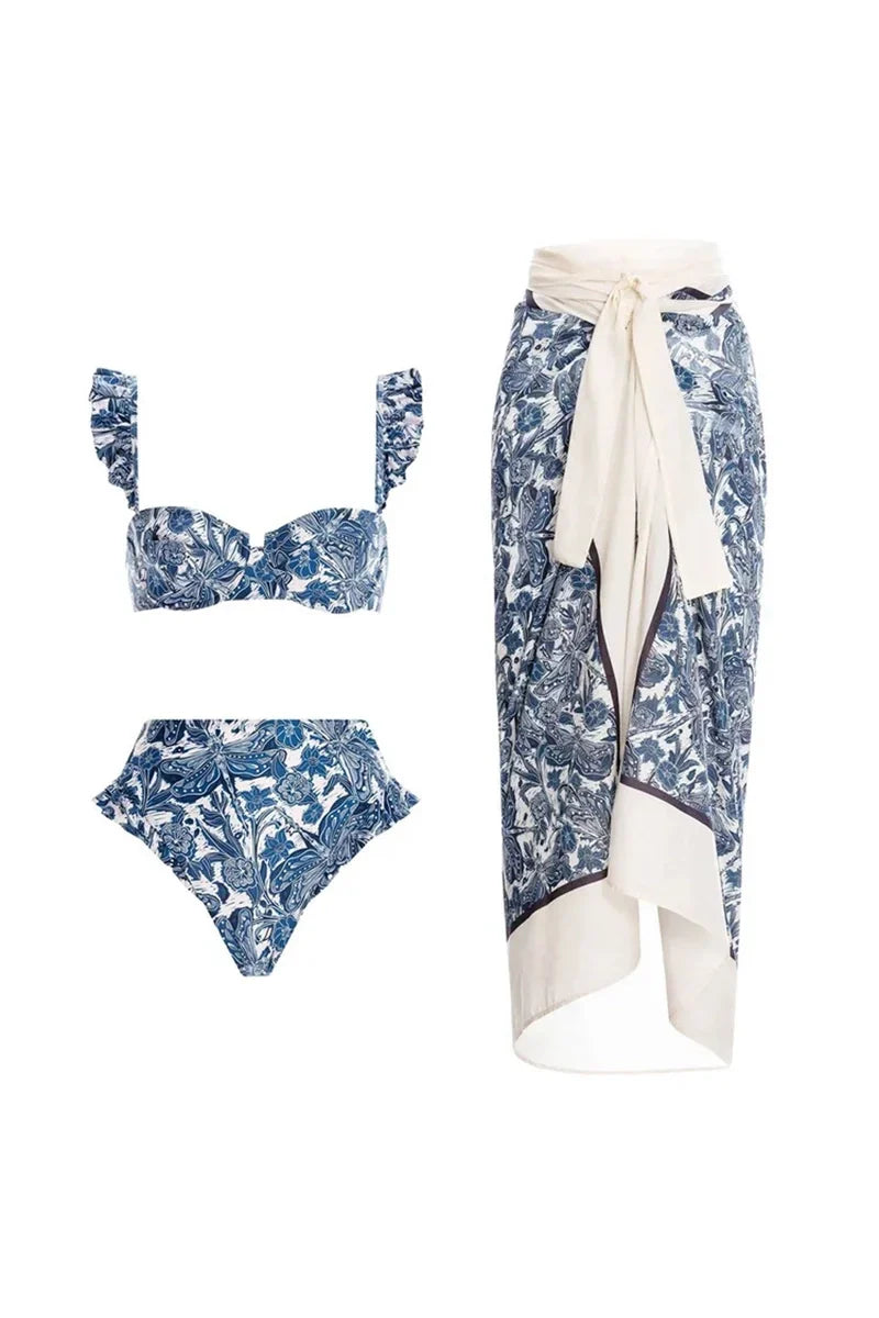 Blue Dragonfly Print Ruffled Two-Piece Bikini