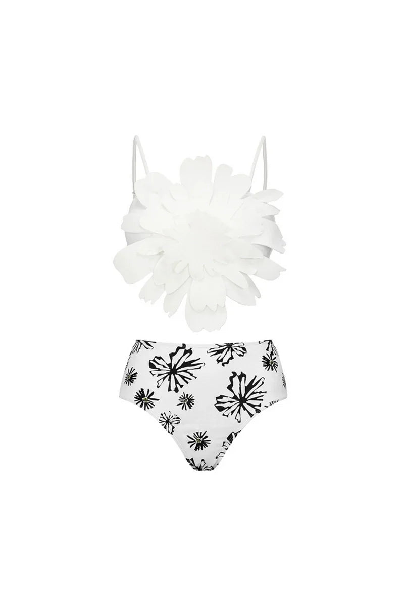 Flower Trim White Patterned Two-Piece Bikini
