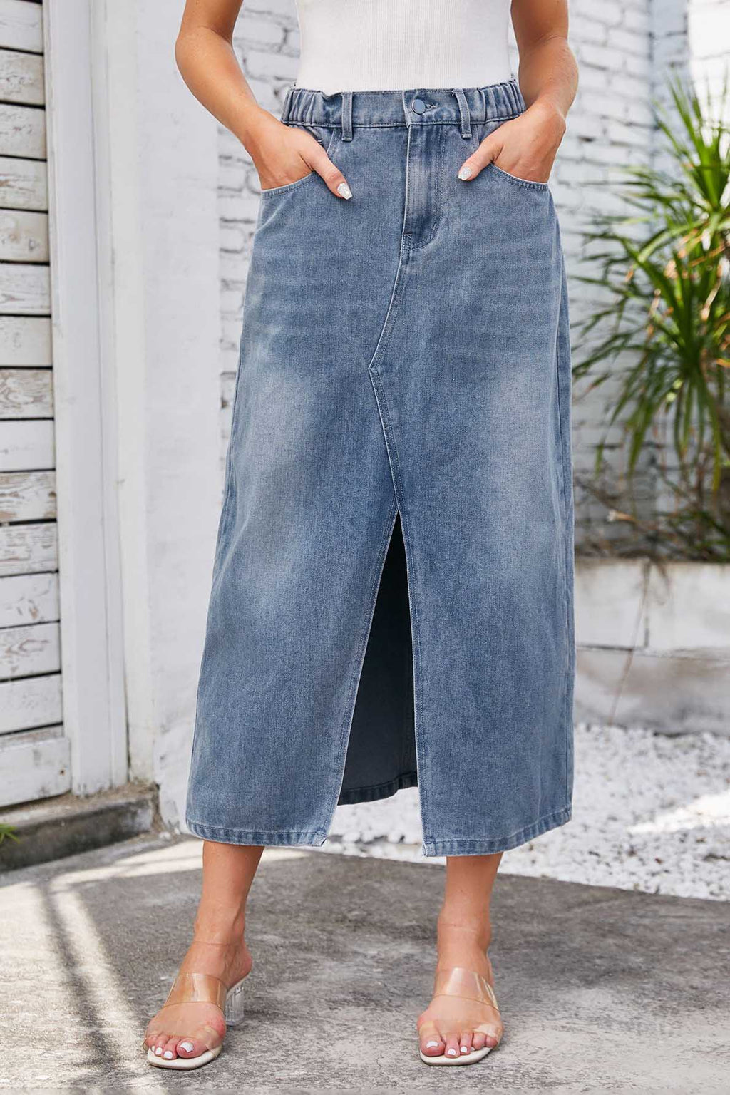 Modern Washed Elastic Waist Denim Midi Skirt