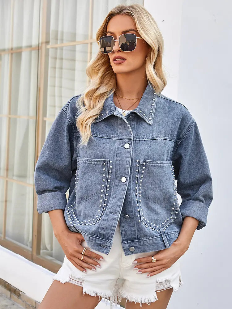 Oversized Denim Jacket with Studs and Button Closure