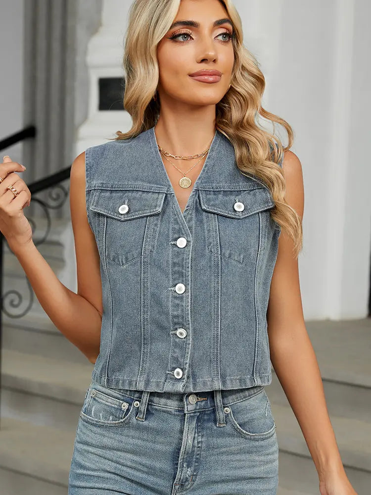 Denim Vest with a Fitted Cut, Button Closure and Relaxed Fit