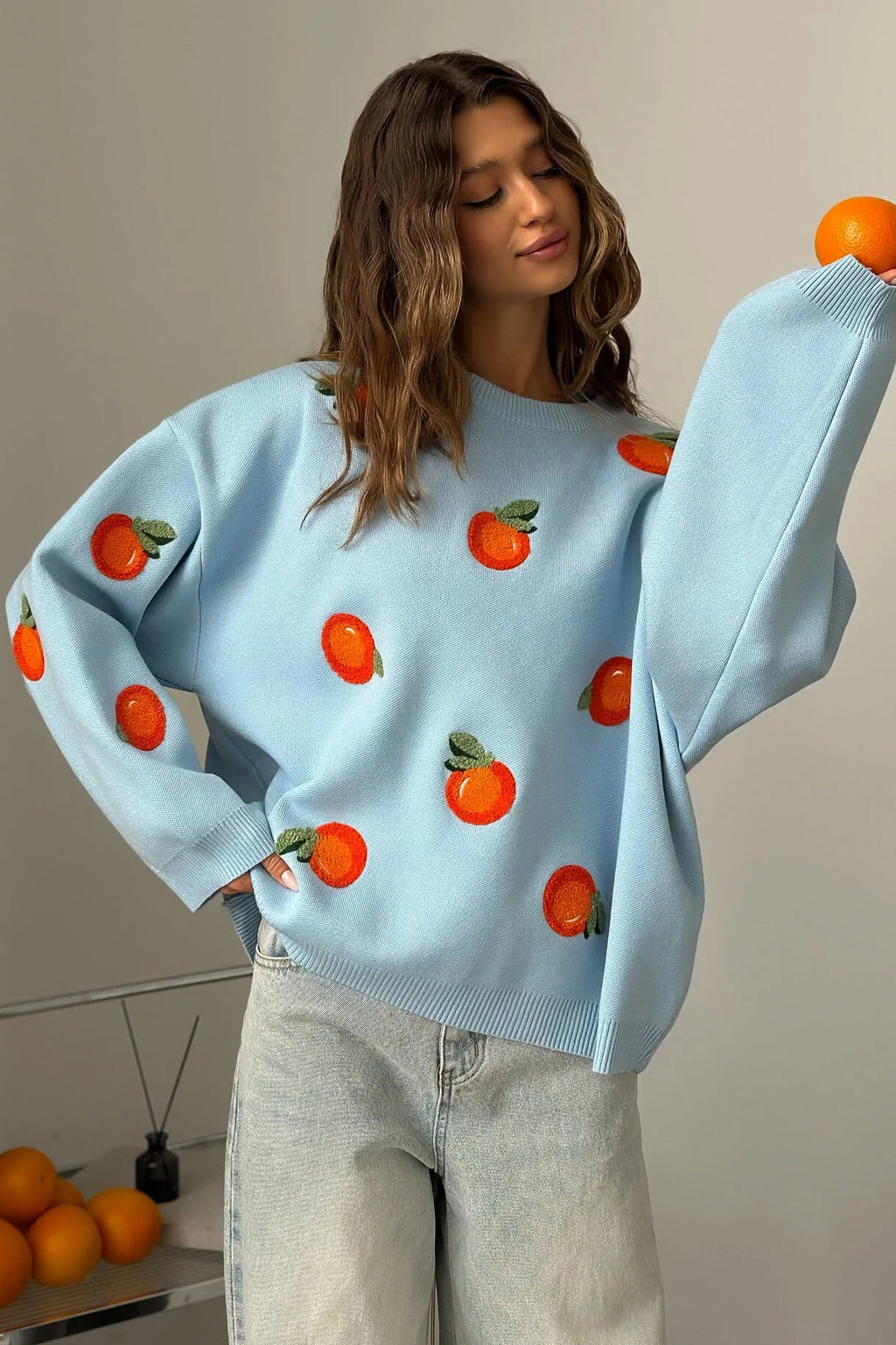 Modern Girls' Orange Flocked Knit Sweater