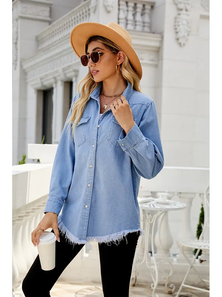 Denim Shirt Jacket in a Washed, Lightweight Design with Button Closure