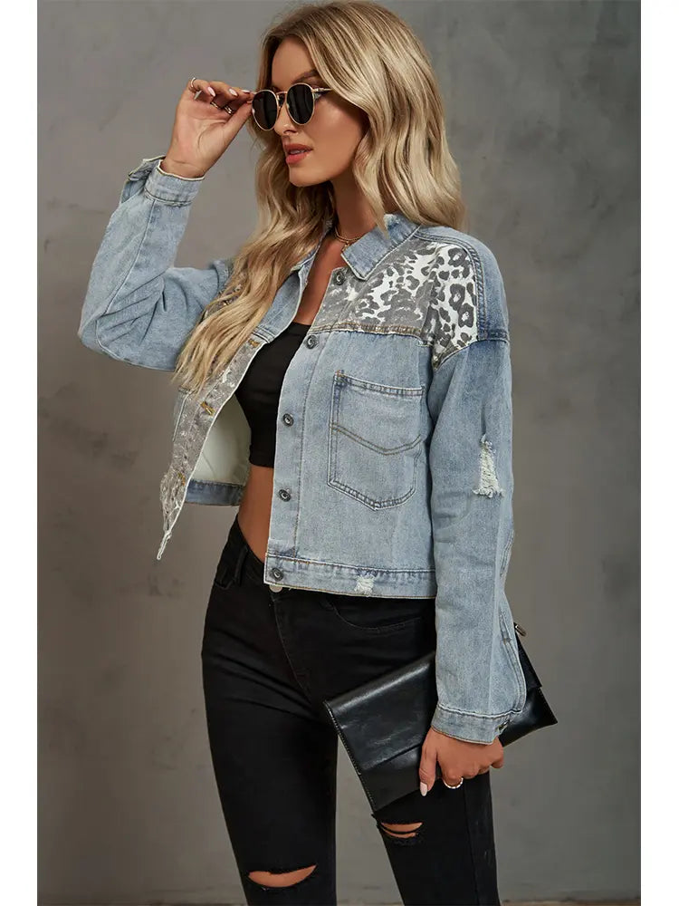 Washed Denim Jacket with Leopard Print and Patchwork