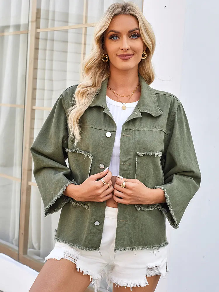 Washed, Lightweight Denim Jacket with Button Closure and Pockets