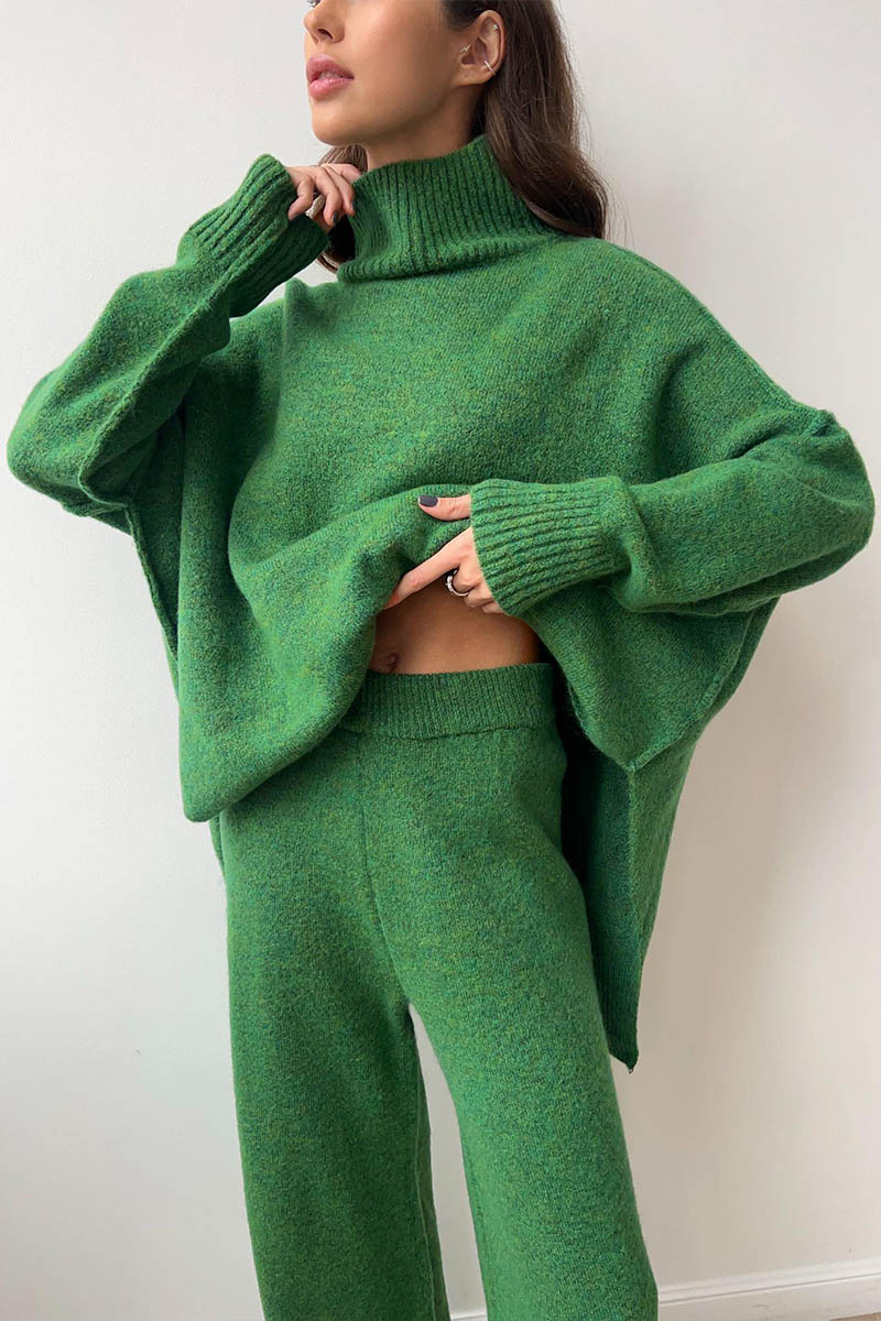 Turtleneck Split Knit Sweater Loose Knit Trousers Set