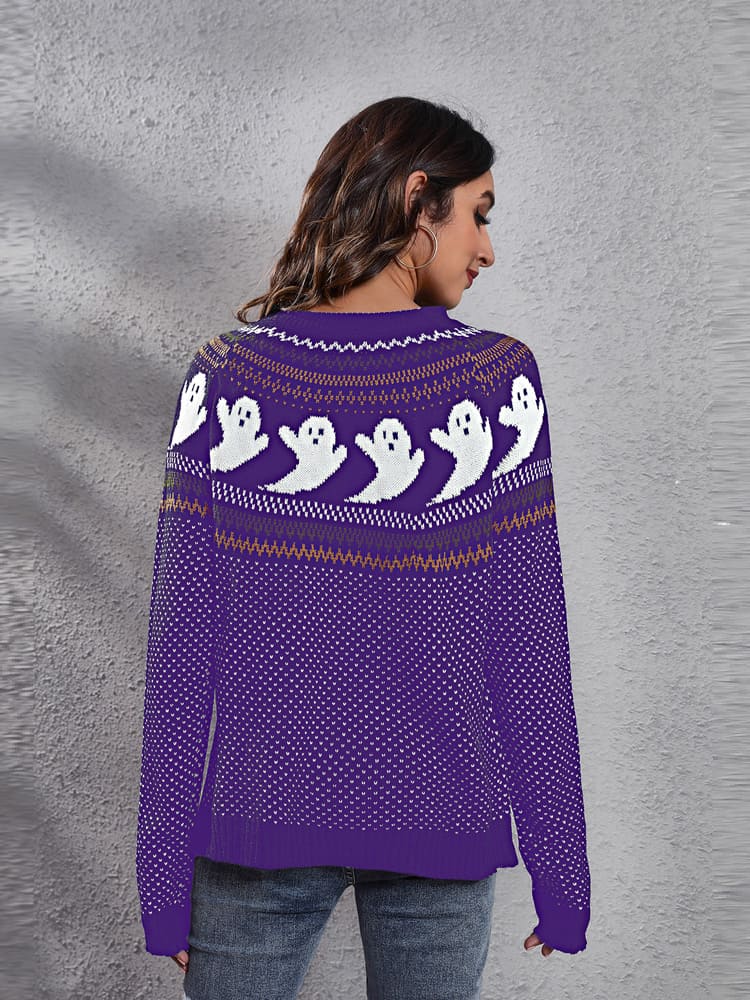 Literary Retro Ghost Pattern Crew Neck Knitted Knit Sweater