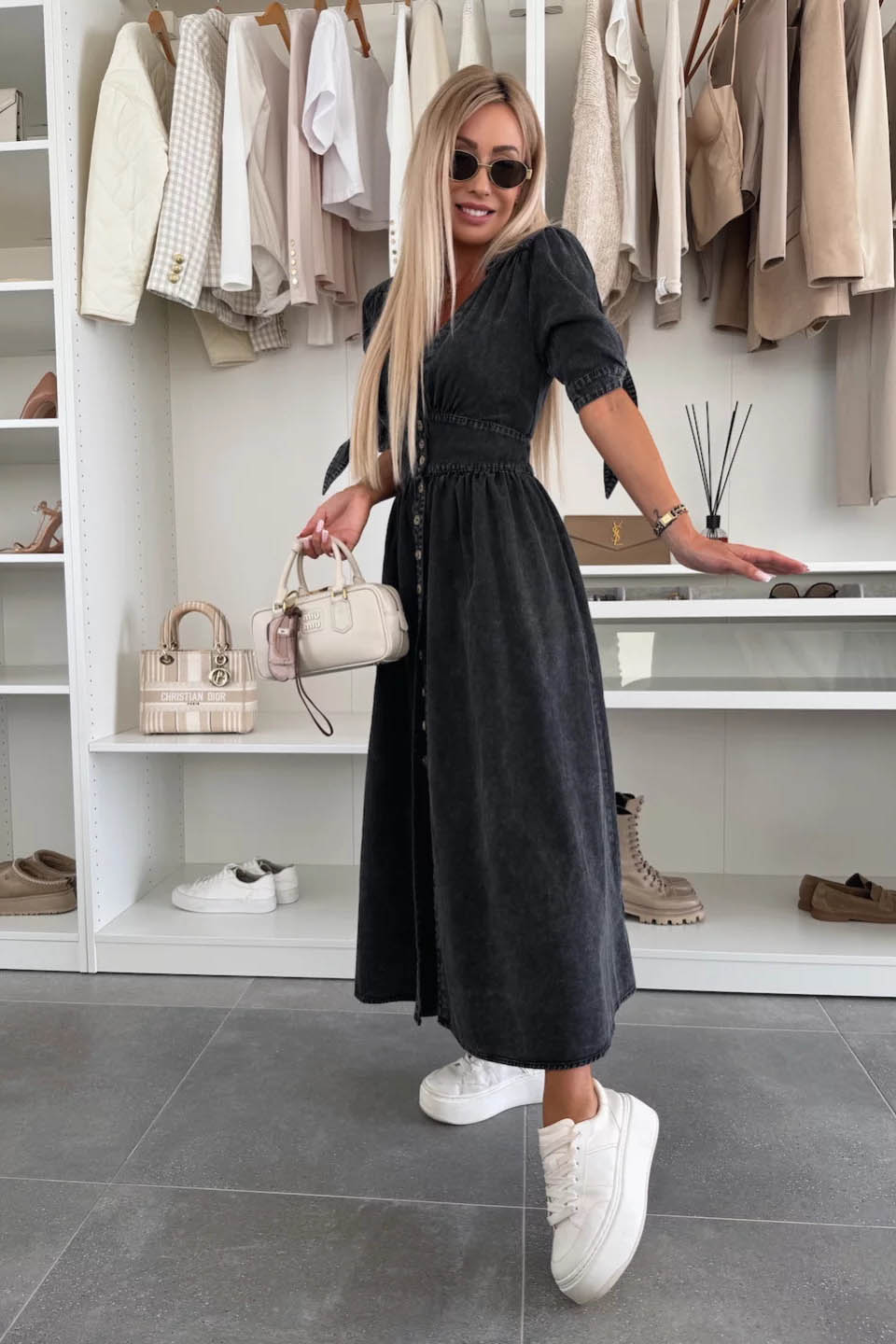Clean-Lined V-Neck Buttoned Denim Gown