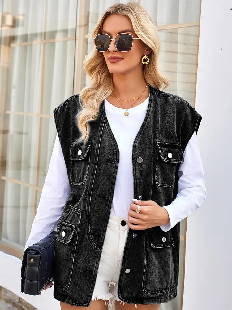 Washed Denim Vest with Button Closure and Multiple Pockets