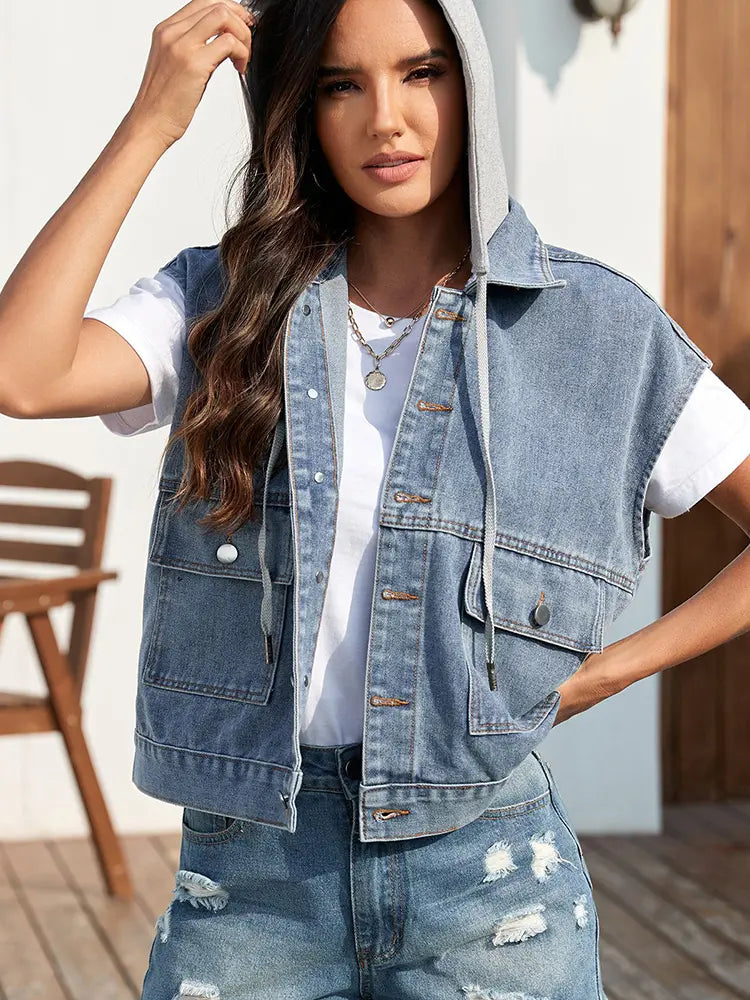 Washed, Lightweight Denim Vest with Fitted Cut and Button Closure