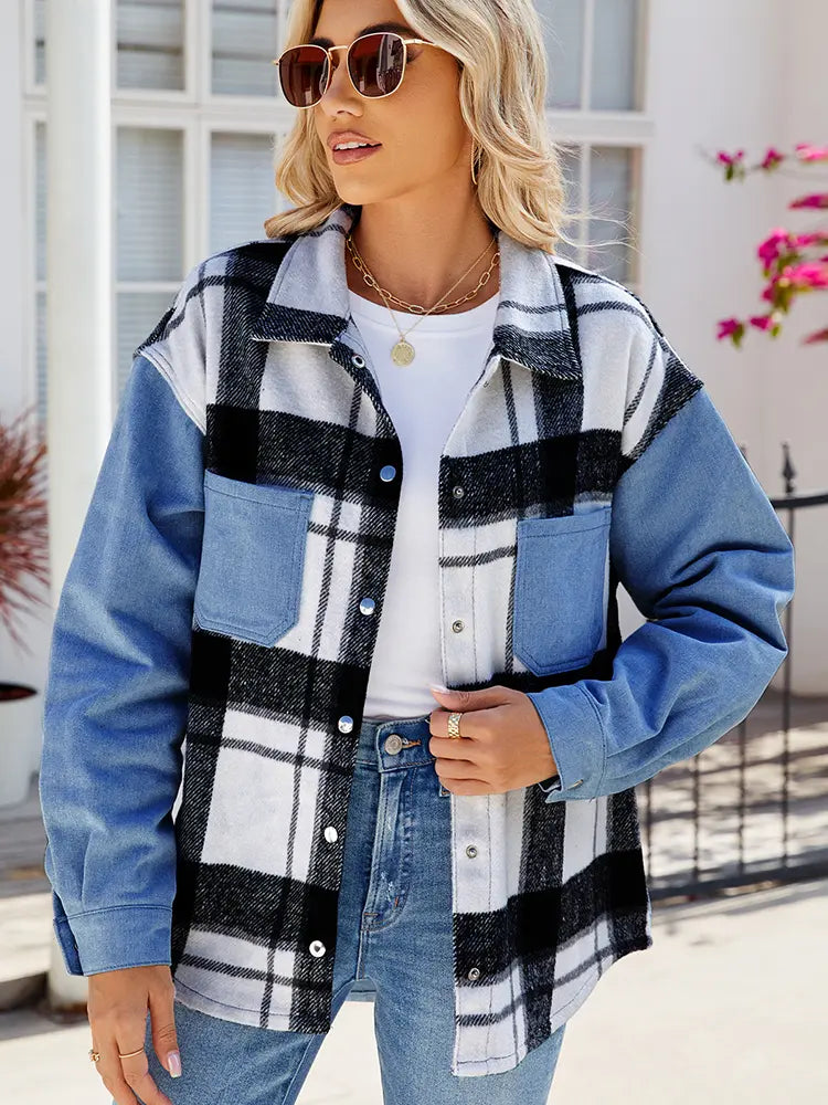 Oversized Washed Denim Jacket with Plaid